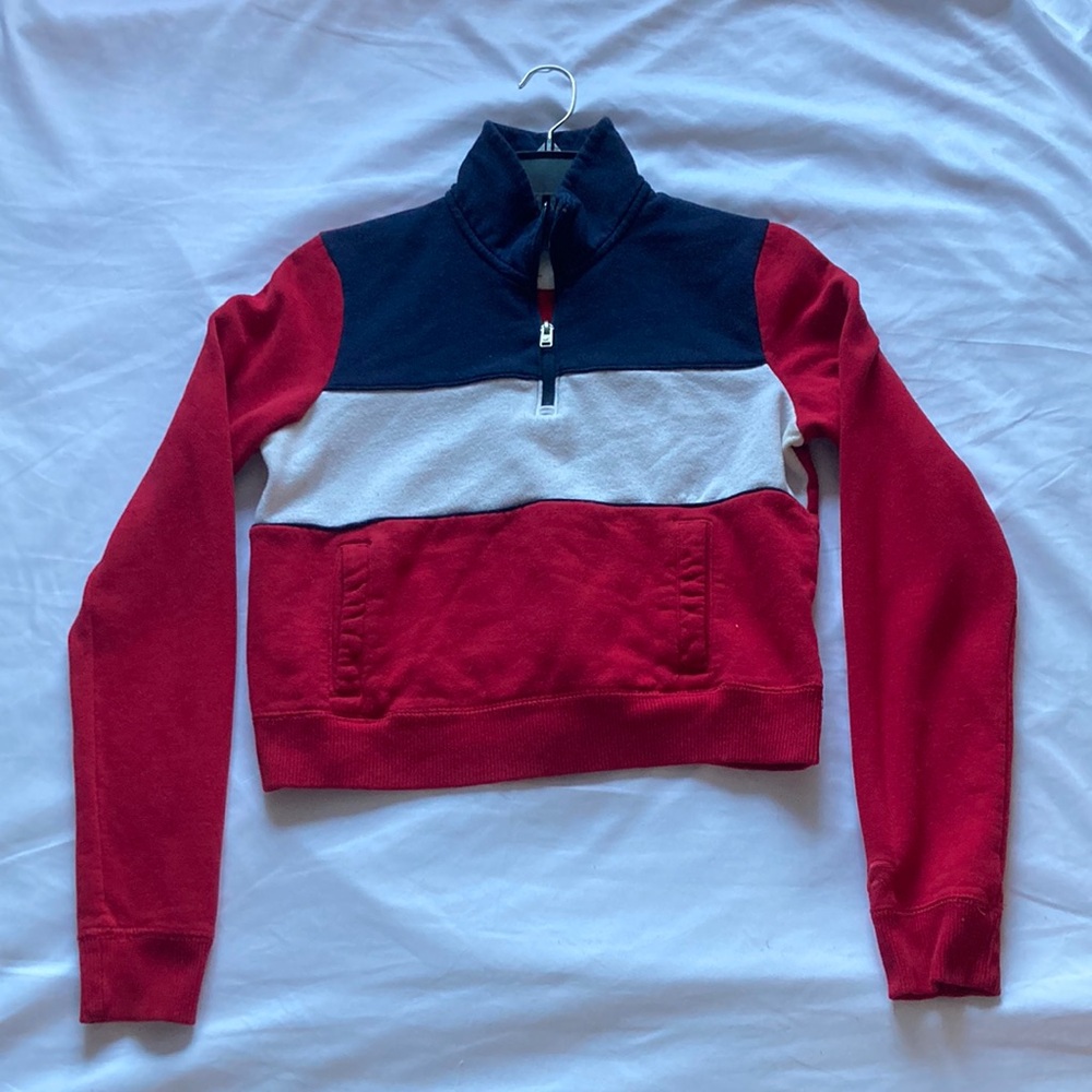 Hollister Red and Navy Colorblock Quarter-Zip Pullover